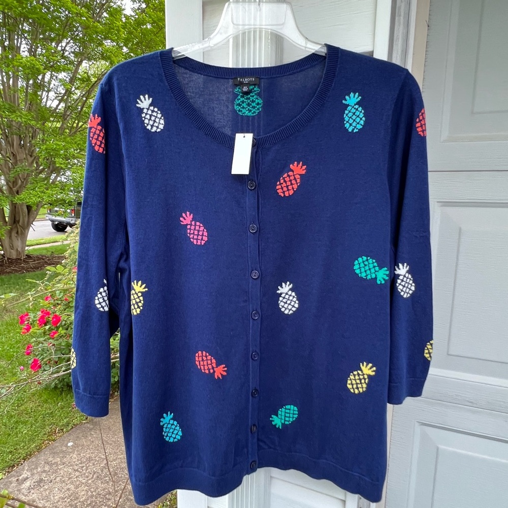 NWT Talbots Pretty Navy Multicolored Pineapples 3/4 Sleeve Charming Cardigan